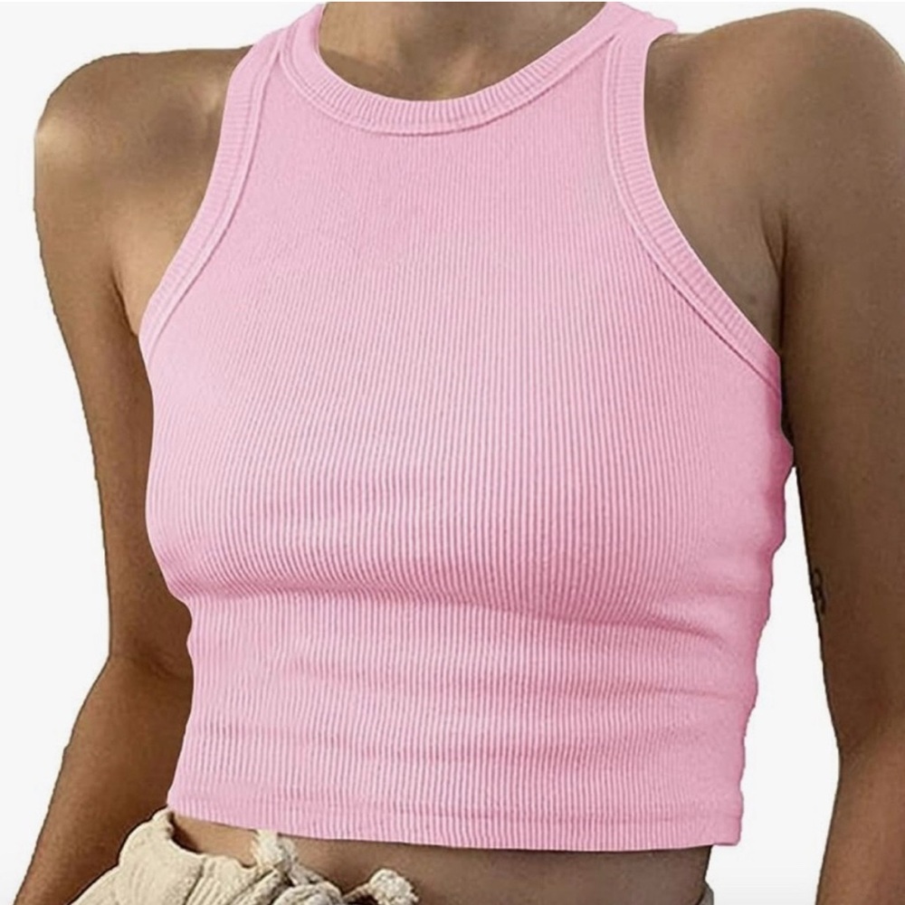 Pink Ribbed Sleeveless Crop Top, size small